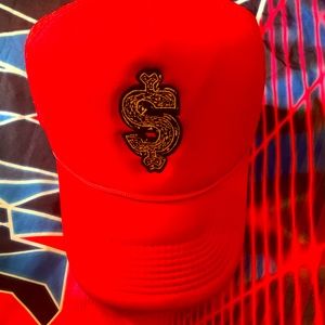 Red Dolla sign rsmxnyc trucker hat mesh back